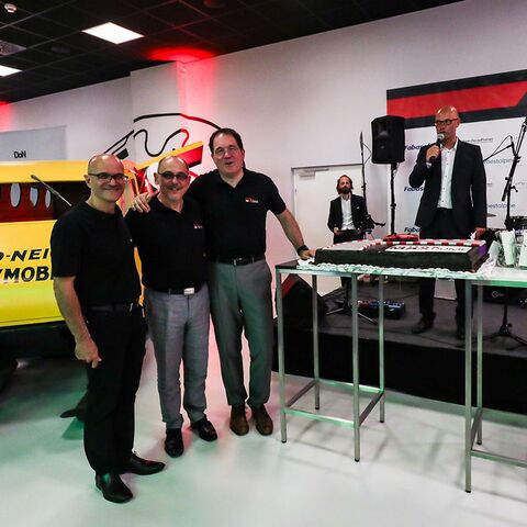 José Boisjoli, Peter Ölsinger and Thomas Uhr at the opening of the Rotax MAX Dome in Linz, 2019 (Unternehmensarchiv BRP-Rotax, Gunskirchen)