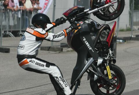 Multiple stunt world champion Chris Pfeiffer doing stunts on a Buell with the Rotax 1125, 2009. (Copyright: BRP-Rotax)